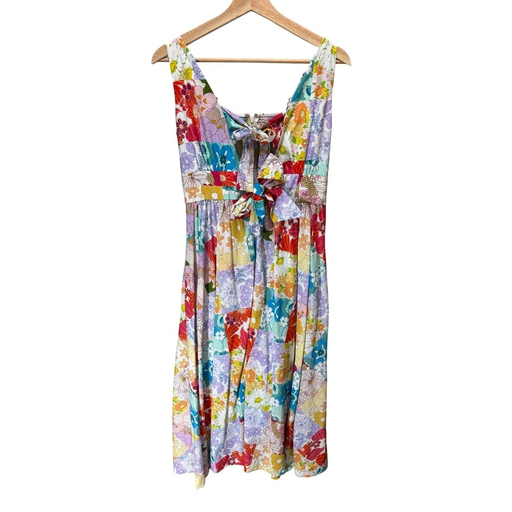 Patchwork Floral Midi Dress Womens M Tie Front Boho Colorful Sundress Summer‎